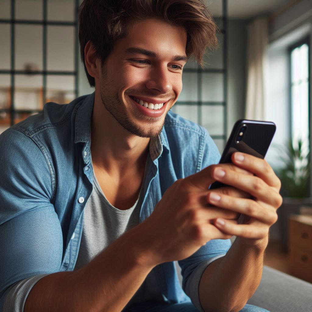 A guy in his twenties scrolling through social media on his iPhone, smiling