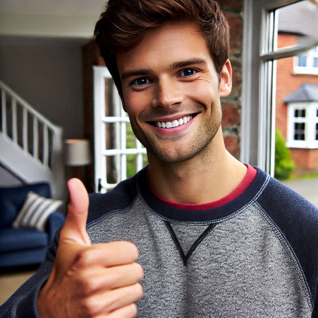 a man in his twenties giving a thumbs up smiling in casual clothes in the UK