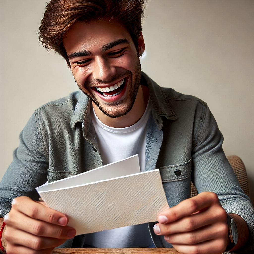 A guy in his twenties looking at a a5 blank white greetings card laughing